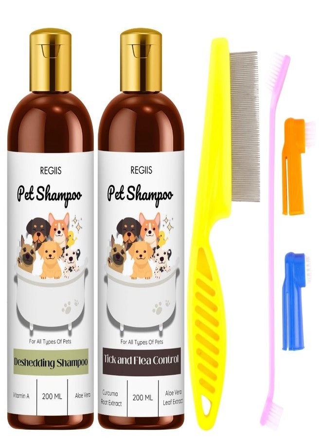 مجموعة شامبو ريجيس للحيوانات الأليفة، تركيبة لإزالة الشعر الزائد ومكافحة القراد مع الصبار، زجاجات سعة 200 مل، مجموعة فرش للعناية بالكلاب (عبوة من 4 قطع) - Image 1